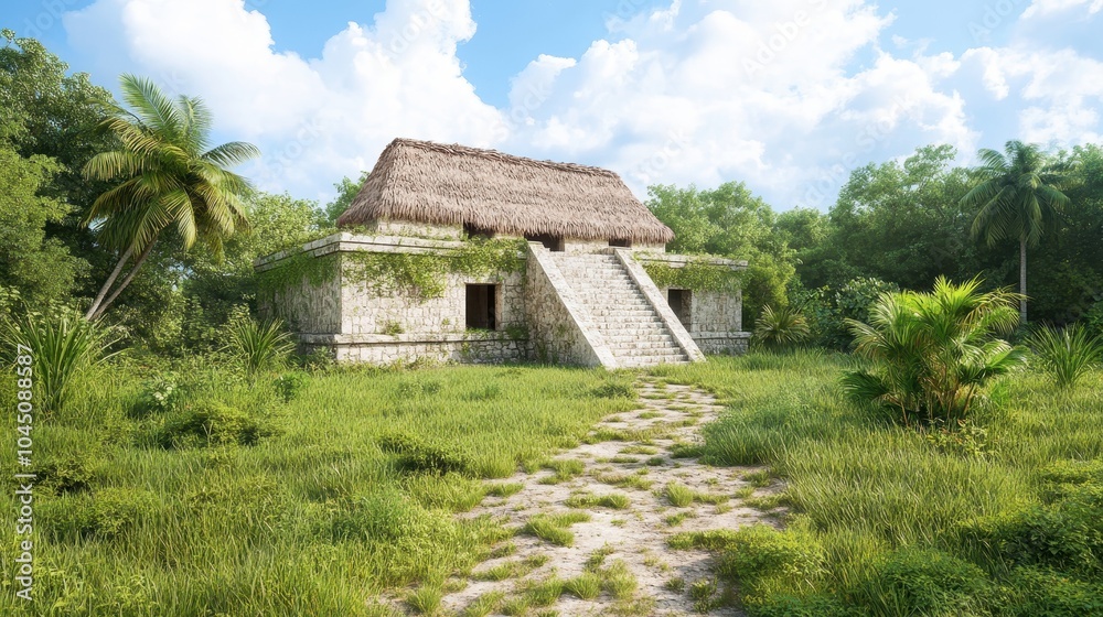 Ancient stone temple surrounded by lush greenery under a clear blue sky. Ancient stone temple surrounded by lush greenery under a clear blue sky.