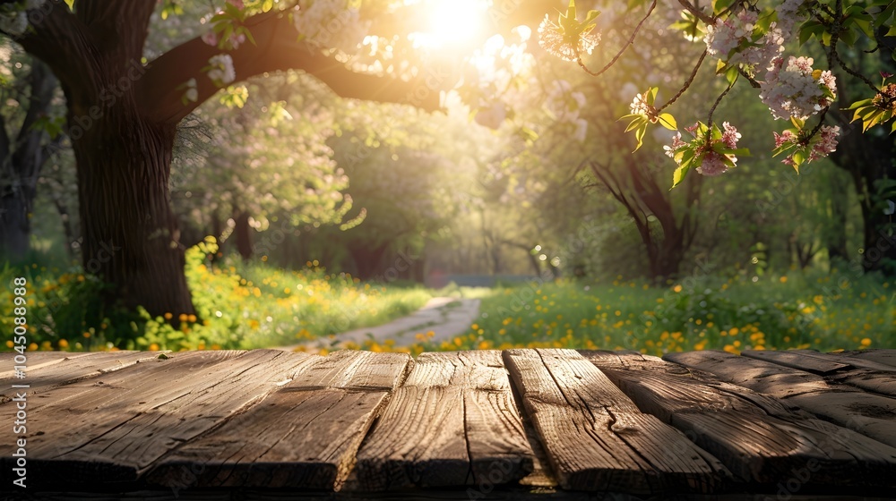 Peaceful Spring Nature Background with Blurry Trees and Wooden Table in Sunlight Peaceful Spring Nature Background with Blurry Trees and Wooden Table in Sunlight
