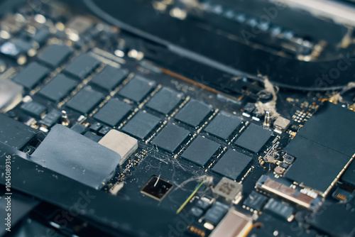 A detailed image of a circuit board showcasing various microchips and electronic components used in devices