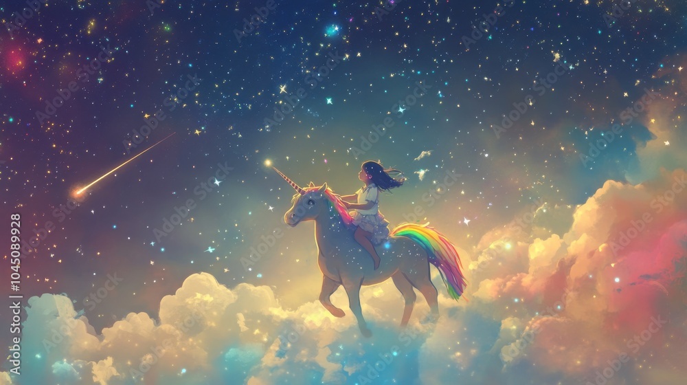 Beneath a blanket of sparkling stars, a little girl joyfully rides a rainbow-colored unicorn, soaring through soft clouds and witnessing shooting stars in a fantastical night sky. Beneath a blanket of sparkling stars, a little girl joyfully rides a rainbow-colored unicorn, soaring through soft clouds and witnessing shooting stars in a fantastical night sky.