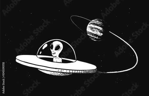 Alien in flying saucer flies from Jupiter. Vector illustration