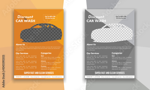 Car wash, professional flyer brochure, clean, clear, crystal, shine, glitter, soap, foam, bubbles, garage, shower, maintenance, a4 print ready eps file template.