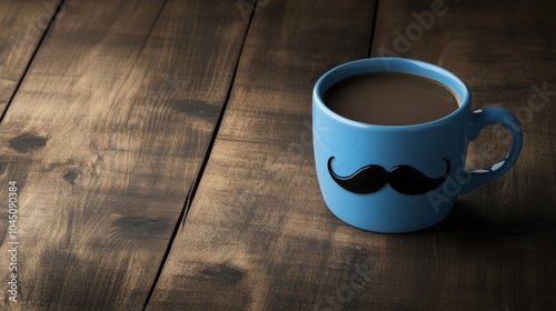 A blue coffee cup with a black mustache sits on a wooden table in the morning, representing Fatherhood, International Men's Day, and raising awareness for Prostate Cancer and World Cancer Day photo