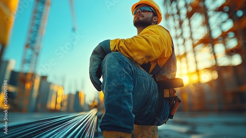 Male construction worker in yellow helmet relaxing at sunset on a construction site.