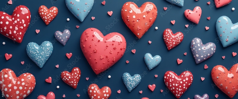 custom made wallpaper toronto digitalA collection of colorful decorative hearts in various sizes and patterns scattered on a dark background, creating a playful design.