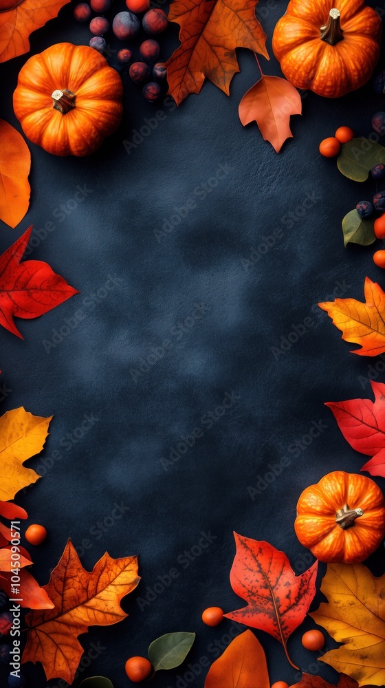 Autumn frame with colorful leaves and pumpkins on dark background, flat lay, top view, vertical banner with copy space. Fall leaf and vegetables border. Concept of Thanksgiving, Harvest Day, Halloween Autumn frame with colorful leaves and pumpkins on dark background, flat lay, top view, vertical banner with copy space. Fall leaf and vegetables border. Concept of Thanksgiving, Harvest Day, Halloween