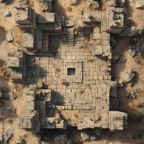 Mystical Desert Ruins - Aerial View of Weathered Ancient Stone Structure in Fantasy Battle map Digital Art Style