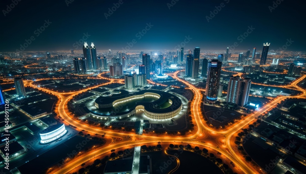 Fototapeta premium Vibrant cityscape at night illuminated by bright lights and bustling traffic
