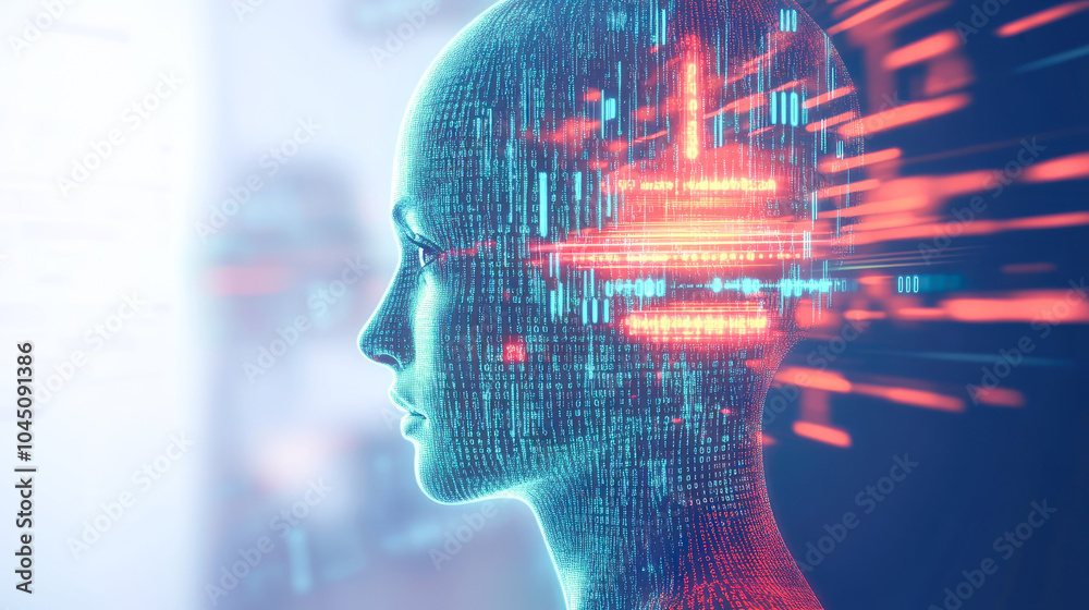 A side profile of a human head formed by dynamic digital streams of red ...