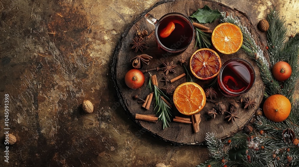 Hot mulled wine with citrus, cinnamon, anise, and rosemary. Christmas mulled red wine with spices and fruits on a brown rustic table. Traditional hot drink at Christmas time. Hot mulled wine with citrus, cinnamon, anise, and rosemary. Christmas mulled red wine with spices and fruits on a brown rustic table. Traditional hot drink at Christmas time.