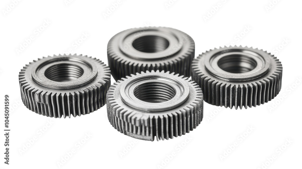 Metal gears arranged artistically on a white background, showcasing intricate designs and textures Metal gears arranged artistically on a white background, showcasing intricate designs and textures