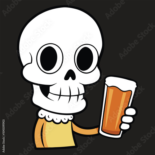 Skeleton holding a beer glass. Skull drinking beer illustration