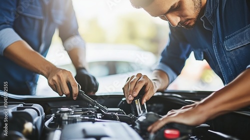 A skilled mechanic performing detailed repair on a car engine, its components in a specialized service center, highlighting importance of vehicle maintenance professional expertise in automotive care photo