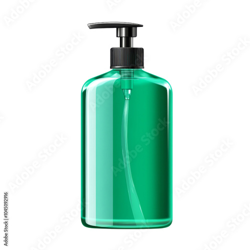 Transparent green bottle with pump dispenser on a transparent background.