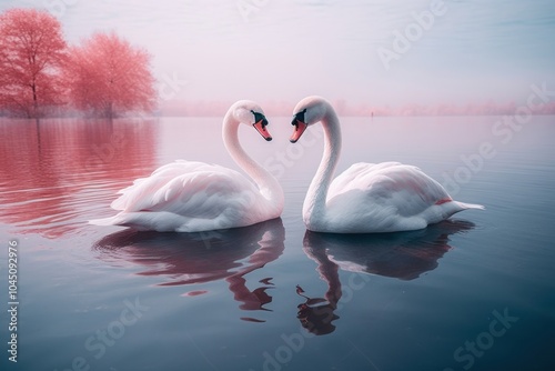 Fototapeta Naklejka Na Ścianę i Meble -  Couple of swan with pale lake outdoors animal bird.