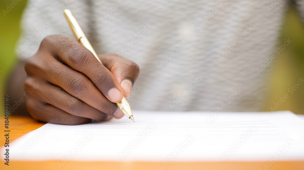 A focused executive is signing important documents on a wooden table in a serene outdoor environment A focused executive is signing important documents on a wooden table in a serene outdoor environment