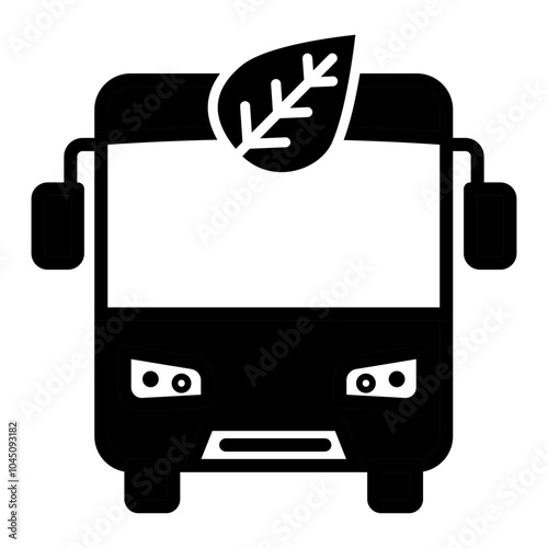 Vector icon of eco-friendly transportation with a bus and leaf symbol. Black and white design depicting a bus with a leaf on top, symbolizing sustainable public transport and green transportation solu photo