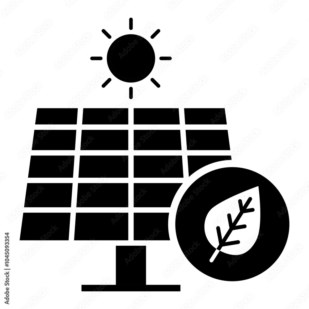 Vector icon of Solar Panel. A solar panel under the sun with a leaf ...