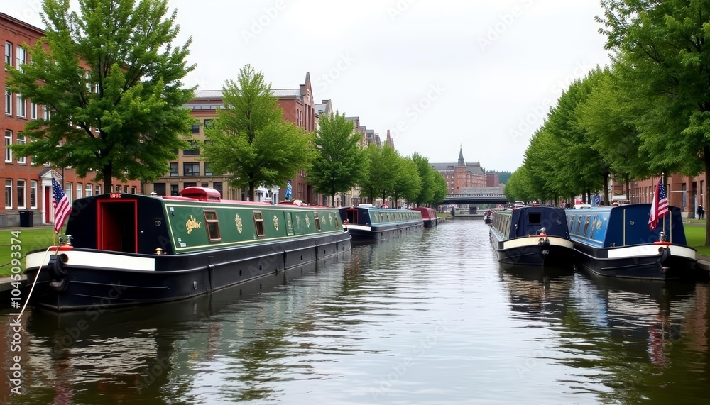 Obraz premium Serene river scene with lined boats and lush greenery