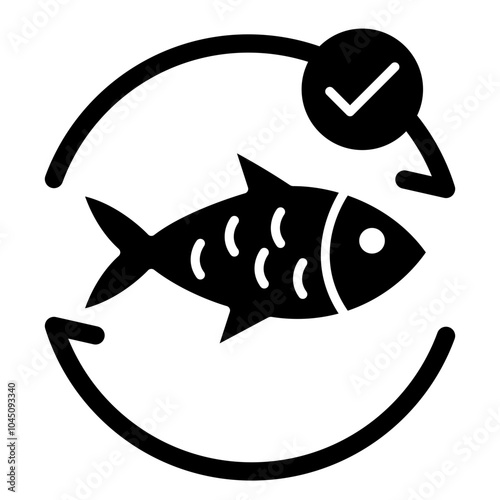 Vector icon of sustainable seafood with a fish and check mark. Flat Black design featuring a fish enclosed in a circular arrow, representing sustainability in the seafood industry. Ideal for eco-frien