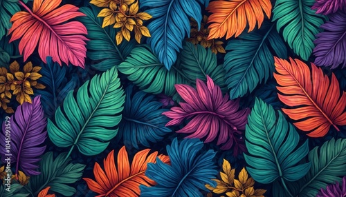 A bright and colorful pattern of abstract leaves in various shades of blue, purple, green, and orange, creating a vibrant design.