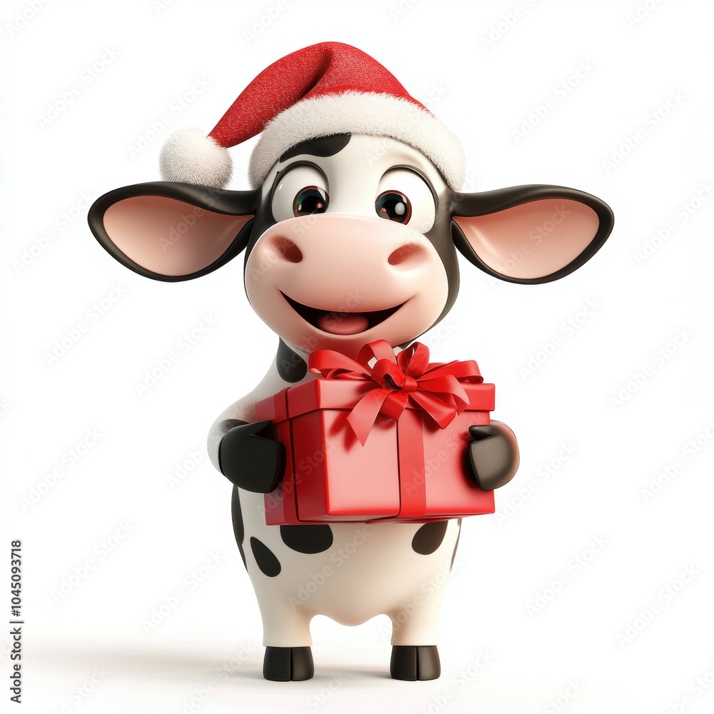 3D rendering cute cow holding a gift box isolated over white background. 3D rendering cute cow holding a gift box isolated over white background.