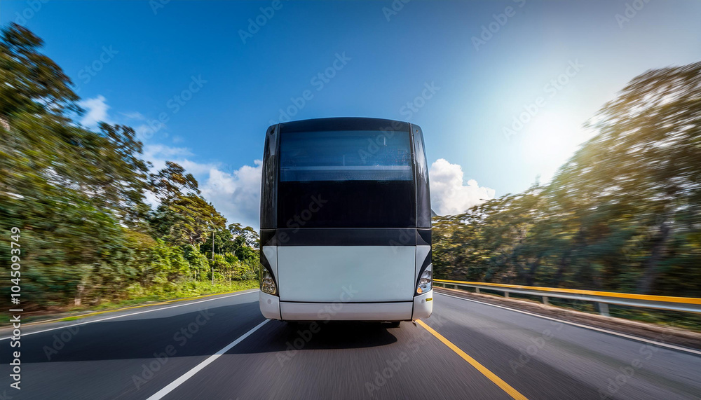 Back View of a Bus Driving on a Highway Back View of a Bus Driving on a Highway