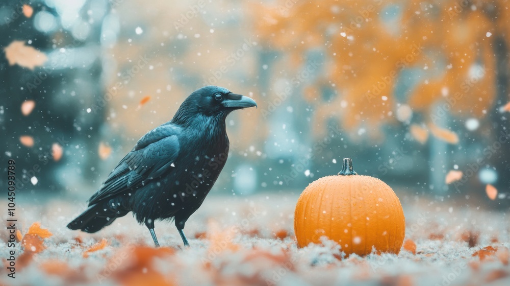 Obraz premium A raven stands beside an orange pumpkin as autumn leaves drift down, creating a seasonal Halloween atmosphere in the background