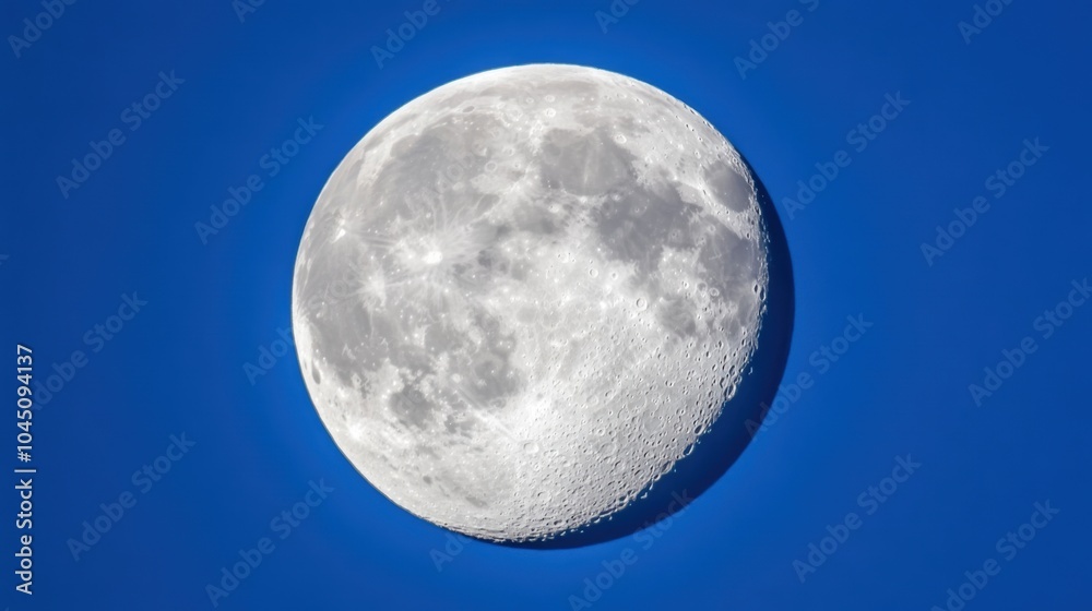 The half moon illuminates the sky with its soft glow, surrounded by a vibrant blue backdrop at dusk The half moon illuminates the sky with its soft glow, surrounded by a vibrant blue backdrop at dusk