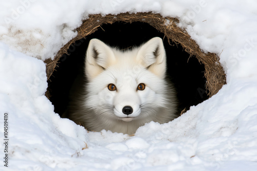 An Arctic fox peering out from its den, with its white fur blending seamlessly with the surrounding snow photo