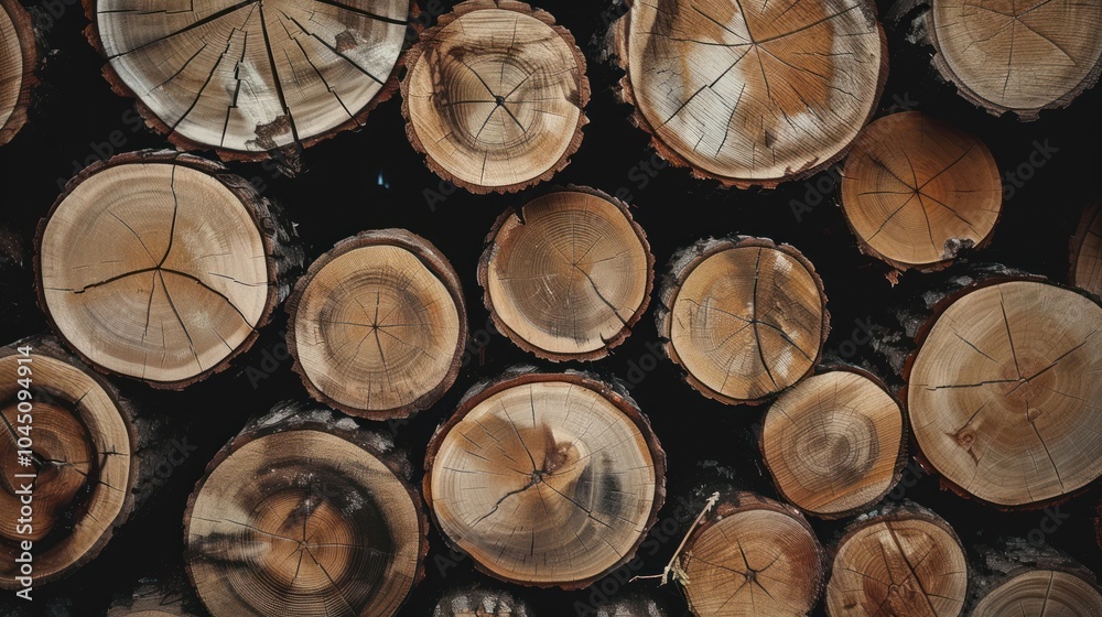 Stacked wooden logs with visible tree rings. Top view. Natural and rustic texture concept. Design for wallpaper, poster, background. Stacked wooden logs with visible tree rings. Top view. Natural and rustic texture concept. Design for wallpaper, poster, background.