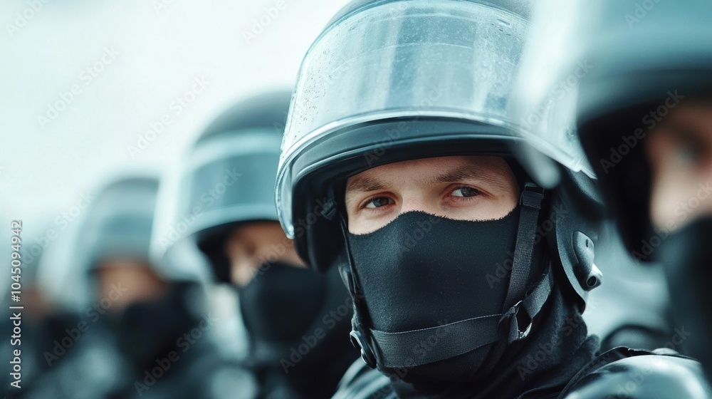 A close-up of riot police officers wearing helmets, masks, and protective gear, focusing on one officer's intense expression during a crowd control situation. A close-up of riot police officers wearing helmets, masks, and protective gear, focusing on one officer's intense expression during a crowd control situation.