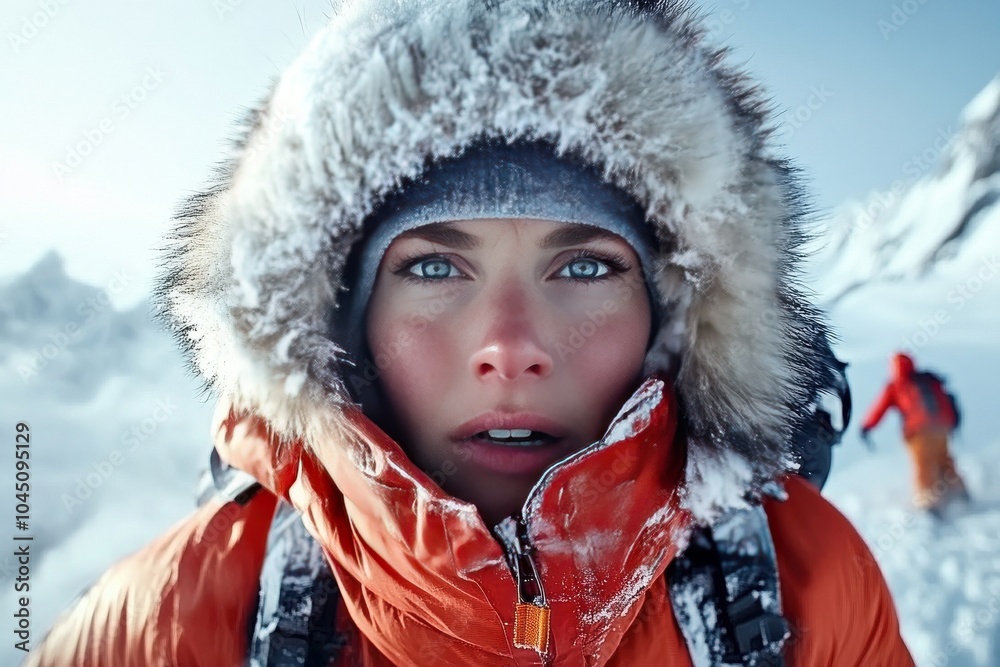 A polar explorer battling through a whiteout, their fur-lined hood barely visible amidst the swirling snowstorm. Close-up, high contrast, intense cold environment. A polar explorer battling through a whiteout, their fur-lined hood barely visible amidst the swirling snowstorm. Close-up, high contrast, intense cold environment.