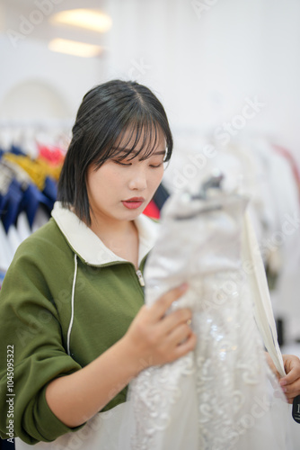 A Korean couple, a man in his 30s and a woman in her 20s, are harmoniously choosing clothes to wear at a hanbok rental shop in Seoul, South Korea.