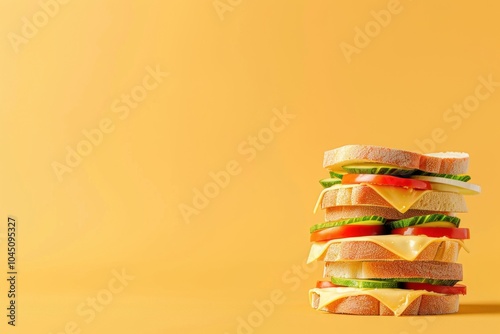 Delicious stack of cheese and vegetable sandwiches on yellow background photo