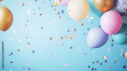 Colorful balloons and sparkling confetti on a cheerful blue background create a vibrant atmosphere for celebration