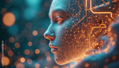 A futuristic representation of an artificial intelligence face with glowing circuits and neural connections, symbolizing advanced technology.