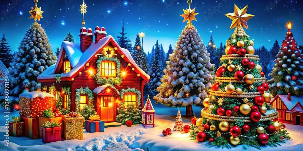 A festive Christmas scene with a beautifully decorated tree and cozy cabin surrounded by snow and colorful holiday lights A festive Christmas scene with a beautifully decorated tree and cozy cabin surrounded by snow and colorful holiday lights