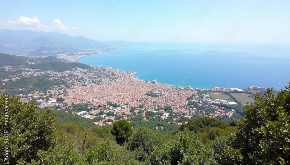 Naklejka premium Vibrant coastal cityscape under a clear sky