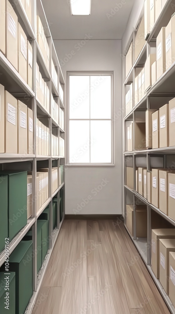 Organized Storage Room with Shelves Full of Document Boxes and Natural Light Organized Storage Room with Shelves Full of Document Boxes and Natural Light