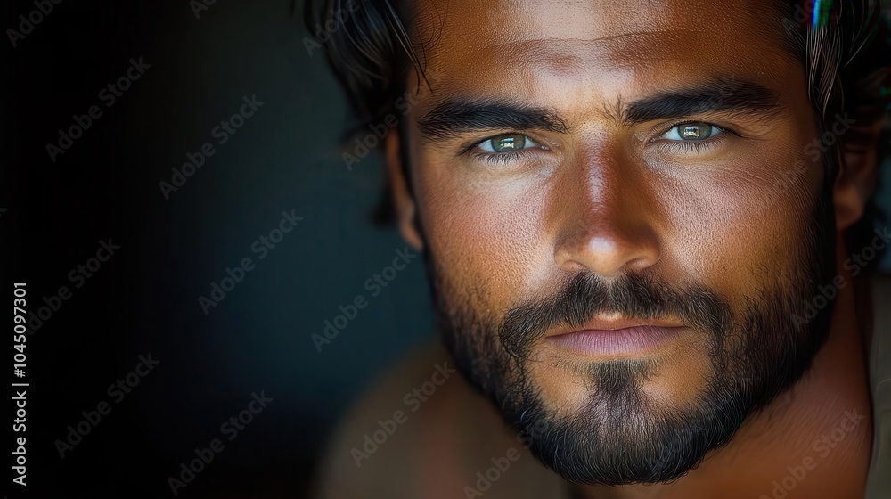 Obraz premium charismatic young man with a stylish beard and hipster flair, confidently posing for a portrait, capturing a blend of strength and modern aesthetics in a striking expression