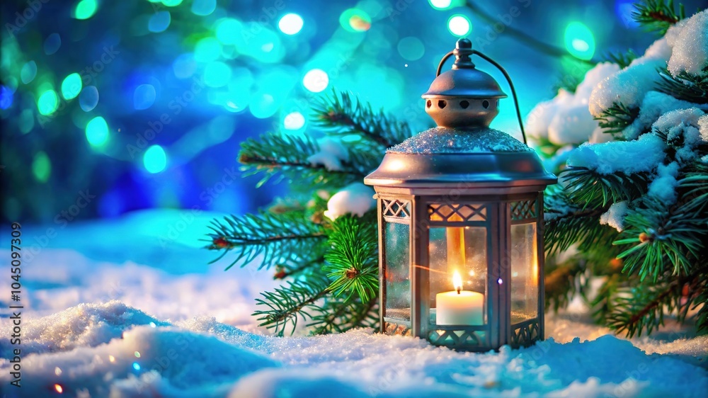 A glowing Christmas lantern rests on snow alongside a fir branch, illuminating the festive winter landscape A glowing Christmas lantern rests on snow alongside a fir branch, illuminating the festive winter landscape