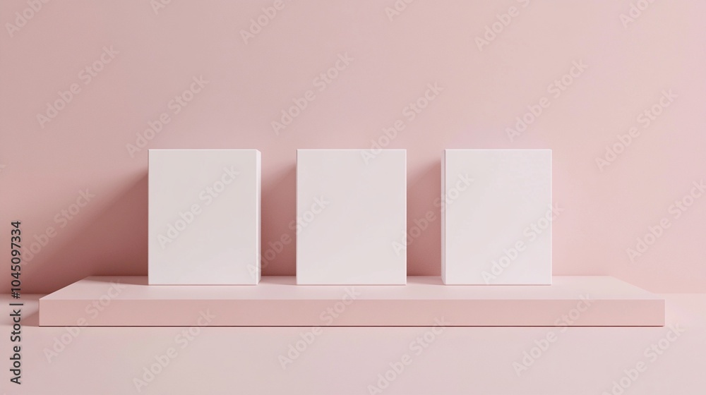Minimalist composition featuring three white square canvases aligned on a pink platform against a soft pink background, creating a serene and modern aesthetic.