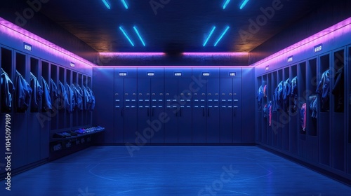 Dark Blue Neon-Lit Basketball Locker Room Ideal for High-Energy Sports Promotions