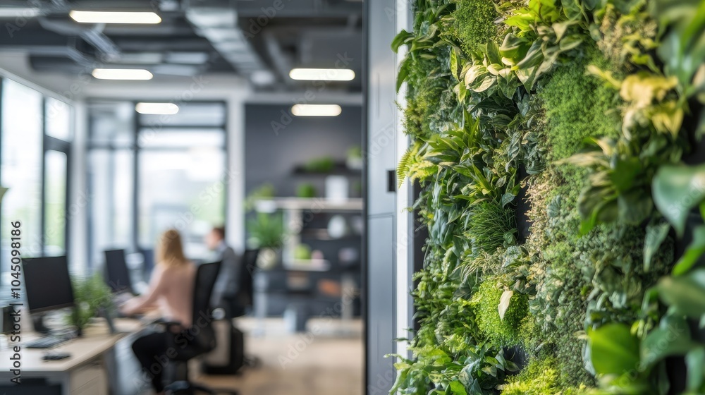 Obraz premium Green, sustainable and environmental office space with daily employee rush. Modern and nature friendly startup business with ESG standards and care for worker wellness and healthy environment.