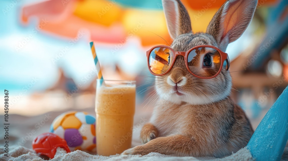 charming rabbit in oversized sunglasses lounging under a colorful beach umbrella, surrounded by beach toys and a smoothie, radiating fun and whimsy