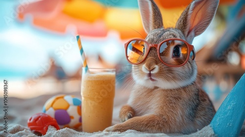 charming rabbit in oversized sunglasses lounging under a colorful beach umbrella, surrounded by beach toys and a smoothie, radiating fun and whimsy
