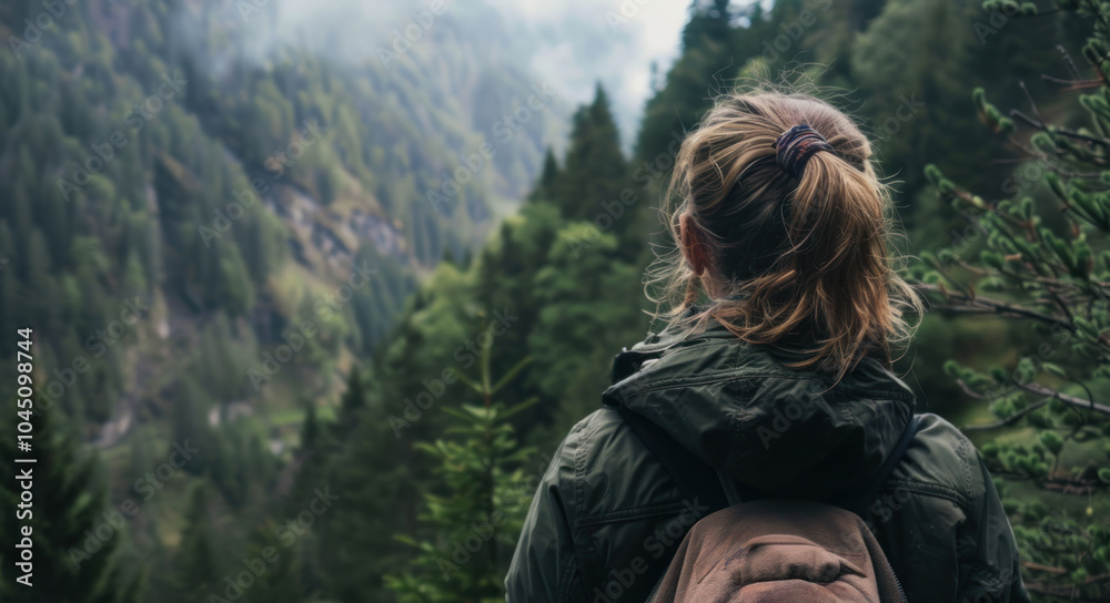 woman hiking in mountain forest woman hiking in mountain forest