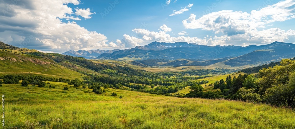 Scenic view of a lush valley surrounded by majestic mountains with a blue sky and fluffy white clouds. Scenic view of a lush valley surrounded by majestic mountains with a blue sky and fluffy white clouds.