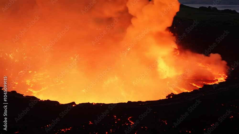 Close up view of active volcanic crater eruption. Hot lava and magma splashing out of crater. 4K Video